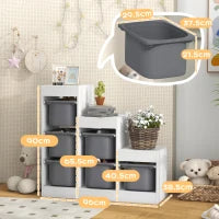 Scaffale Portagiochi a 3 Livelli con 6 Contenitori per Bambini da 3-8 Anni, 96x38.5x90cm, Grigio