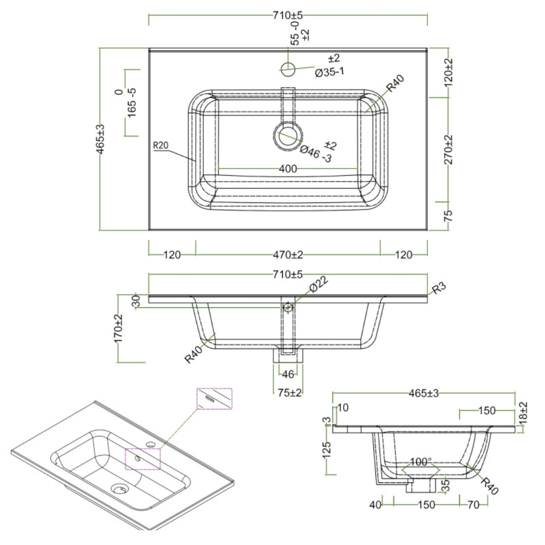 Lavabo ad incasso in ceramica bianco lucido per mobili bagno *** misure 71x46 cm, confezione 1