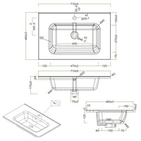 Lavabo ad incasso in ceramica bianco lucido per mobili bagno *** misure 71x46 cm, confezione 1