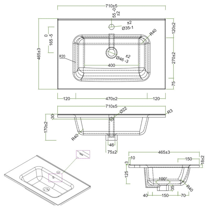 Lavabo ad incasso in ceramica bianco lucido per mobili bagno *** misure 71x46 cm, confezione 1