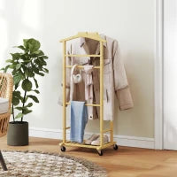 Servomuto 4 in 1 a Rotelle con 2 Aste, Vassoio Svuota Tasche e Ripiano per Scarpe, in Bambù, 47x33.7x105.5 cm