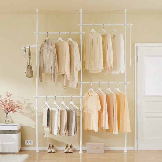 SoBuy KLS03-II-W Telescopic Appendiabiti da Terra, Robusto Stand Appendiabiti con Aste, Armadio Aperto Regolabile per Camera da Letto, Bianco