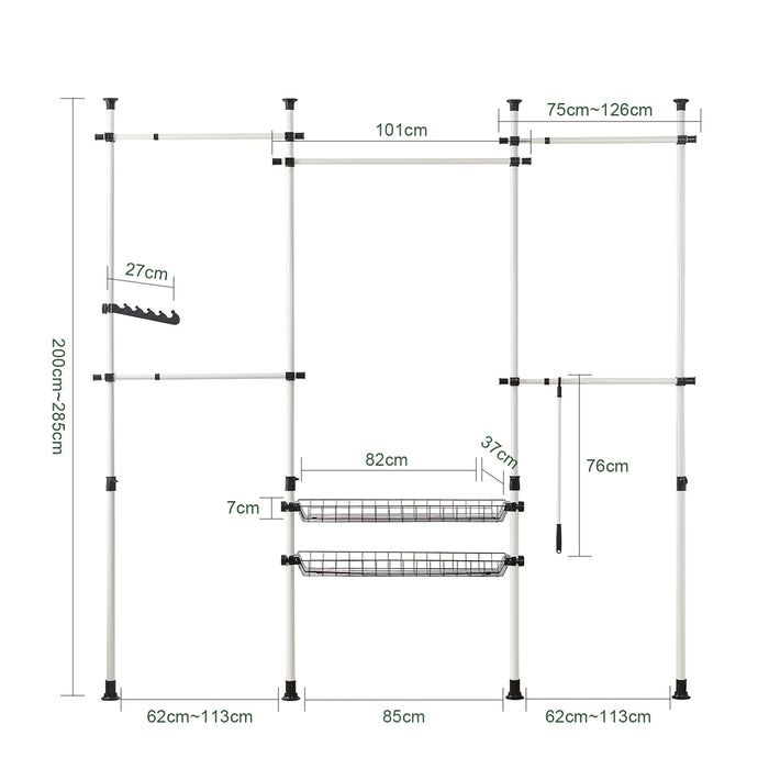 Cabina Armadio Guardaroba Componibile, Altezza E Lunghezza Regolabile Bianco KLS04