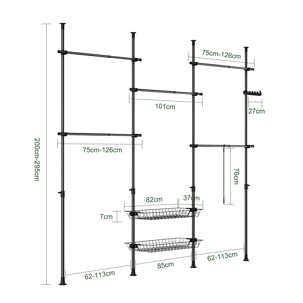 SoBuy KLS04-II-SCH Telescopic Appendiabiti da Terra, Robusto Stand Appendiabiti con Aste e Ripiani, Armadio Aperto Regolabile per Camera da Letto, Porta Abiti Nero
