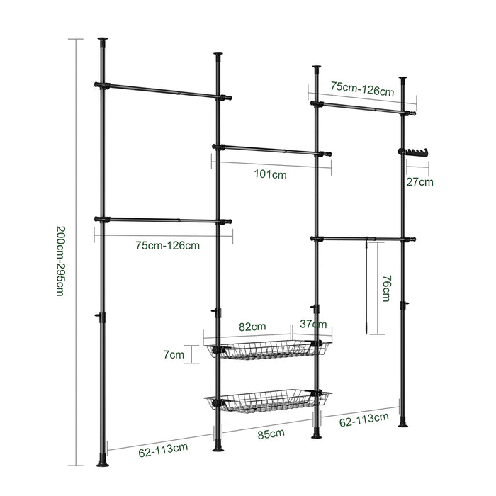 SoBuy KLS04-II-SCH Telescopic Appendiabiti da Terra, Robusto Stand Appendiabiti con Aste e Ripiani, Armadio Aperto Regolabile per Camera da Letto, Porta Abiti Nero