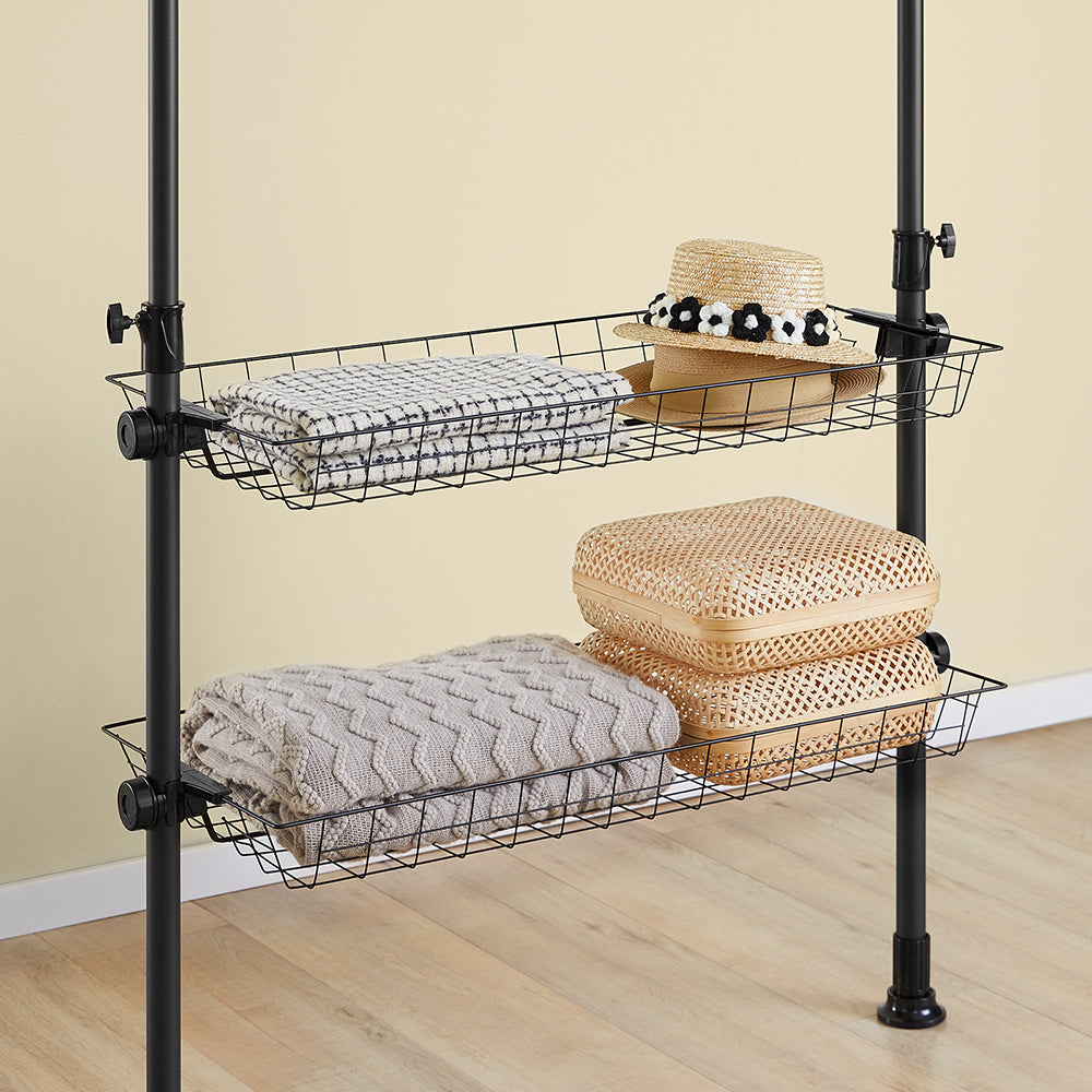 SoBuy KLS04-II-SCH Telescopic Appendiabiti da Terra, Robusto Stand Appendiabiti con Aste e Ripiani, Armadio Aperto Regolabile per Camera da Letto, Porta Abiti Nero