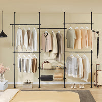 SoBuy KLS04-II-SCH Telescopic Appendiabiti da Terra, Robusto Stand Appendiabiti con Aste e Ripiani, Armadio Aperto Regolabile per Camera da Letto, Porta Abiti Nero