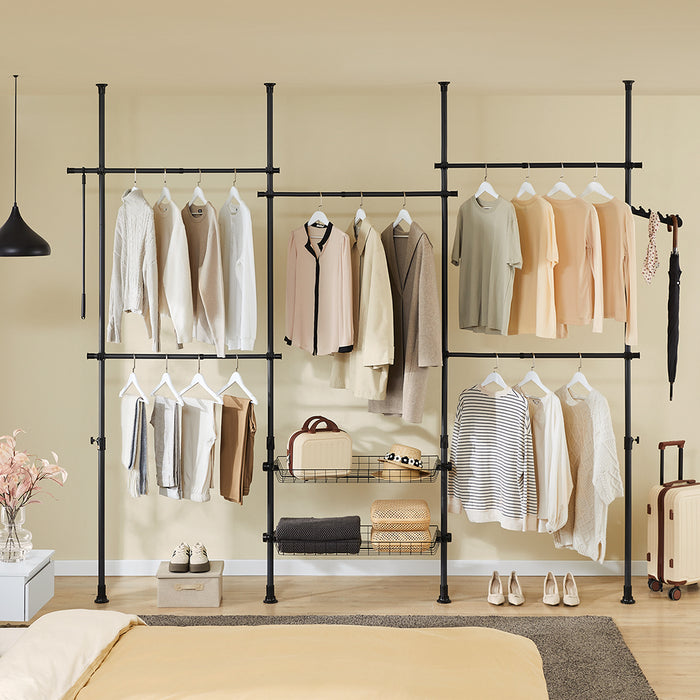 SoBuy KLS04-II-SCH Telescopic Appendiabiti da Terra, Robusto Stand Appendiabiti con Aste e Ripiani, Armadio Aperto Regolabile per Camera da Letto, Porta Abiti Nero