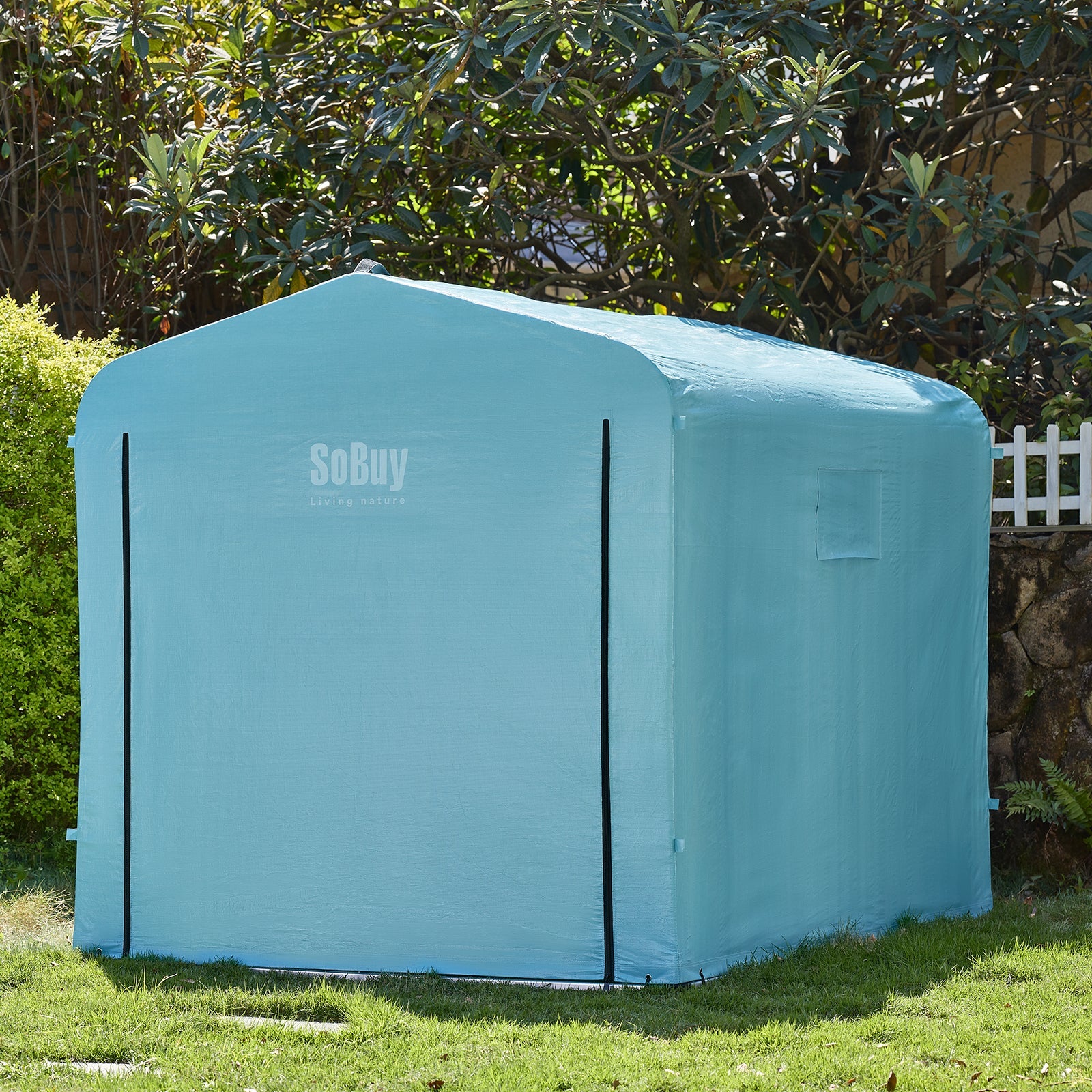 SoBuy Casetta da Giardino, Tenda Esterno Impermeabile, Rimessa Moto con Ganci, Garage per Biciclette e Attrezzi, Deposito Bici, Spazio di Stoccaggio, Azzurro, 159x219x165 cm, KLS11-L-BL