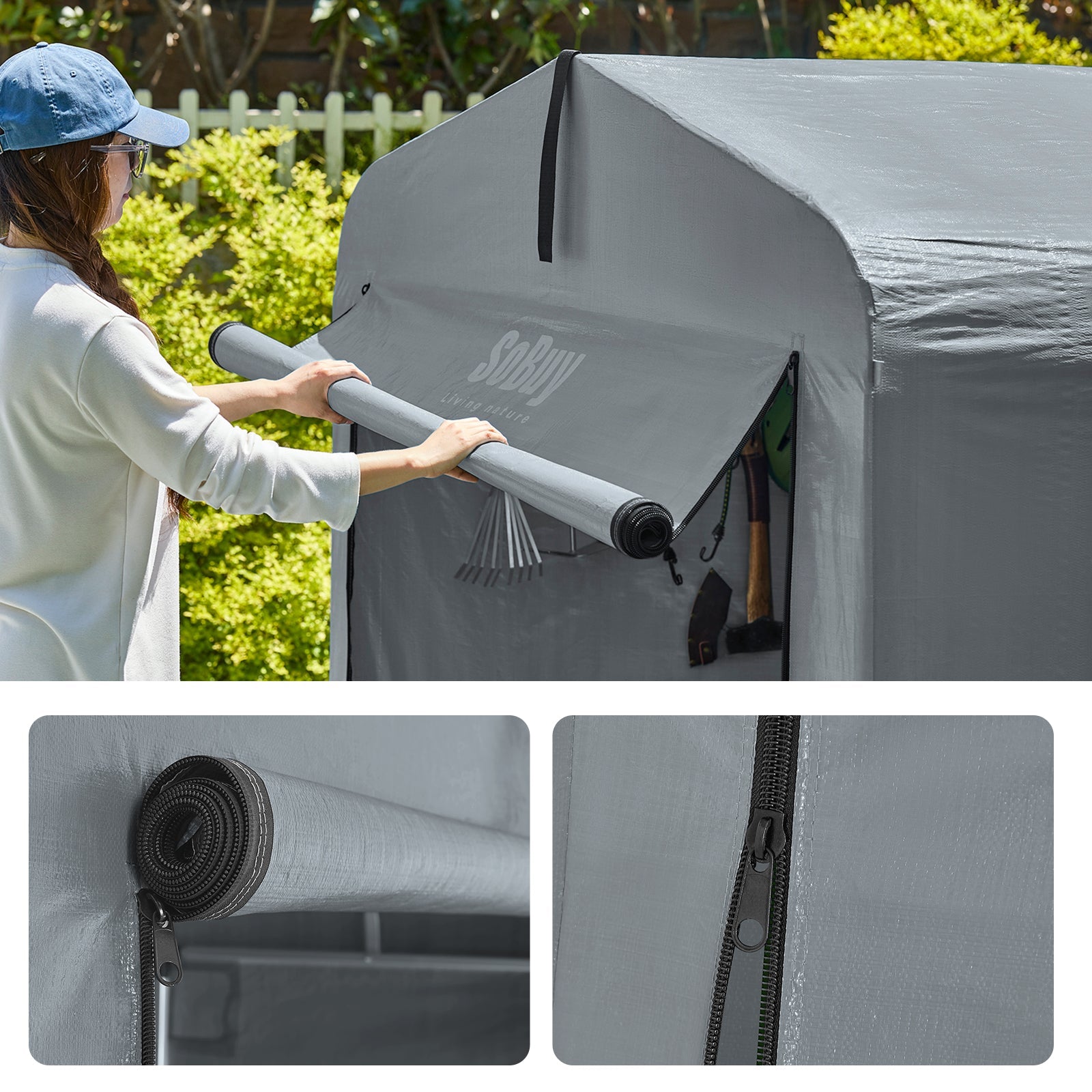 SoBuy Casetta da Giardino, Tenda Esterno Impermeabile, Rimessa Moto con Ganci, Garage per Biciclette e Attrezzi, Deposito Bici, Spazio di Stoccaggio, Grigio, 159x219x165 cm, KLS11-L-DG