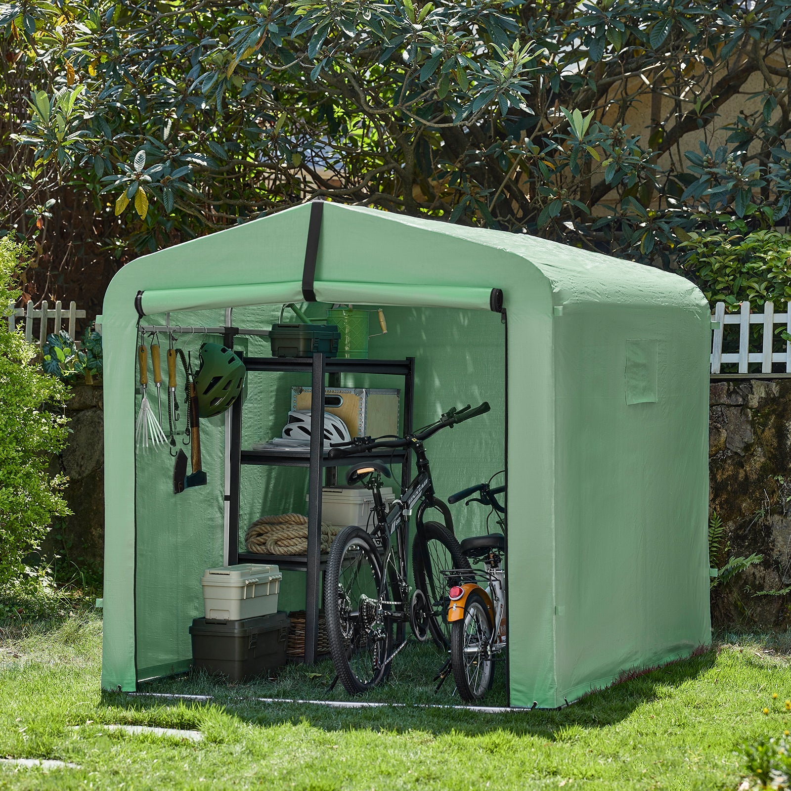 SoBuy Casetta da Giardino, Tenda Esterno Impermeabile, Rimessa Moto con Ganci, Garage per Biciclette e Attrezzi, Deposito Bici, Spazio di Stoccaggio, Verde, 159x219x165 cm, KLS11-L-GR