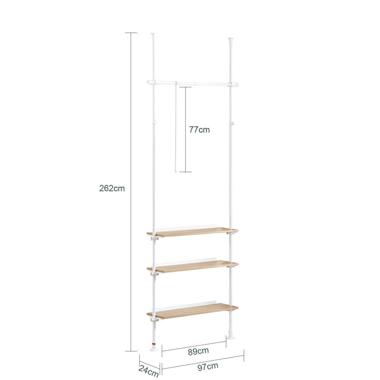 Cabina Armadio componibile da angolare Organizzazione Guardaroba con 1 asta appendiabiti e 3 ripiani L97xP24xA(193-262) cm Bianco-Naturale KLS14-WN