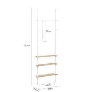 Cabina Armadio componibile da angolare Organizzazione Guardaroba con 1 asta appendiabiti e 3 ripiani L97xP24xA(193-262) cm Bianco-Naturale KLS14-WN