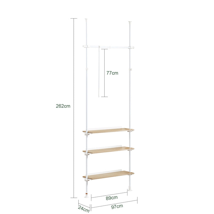 Cabina Armadio componibile da angolare Organizzazione Guardaroba con 1 asta appendiabiti e 3 ripiani L97xP24xA(193-262) cm Bianco-Naturale KLS14-WN
