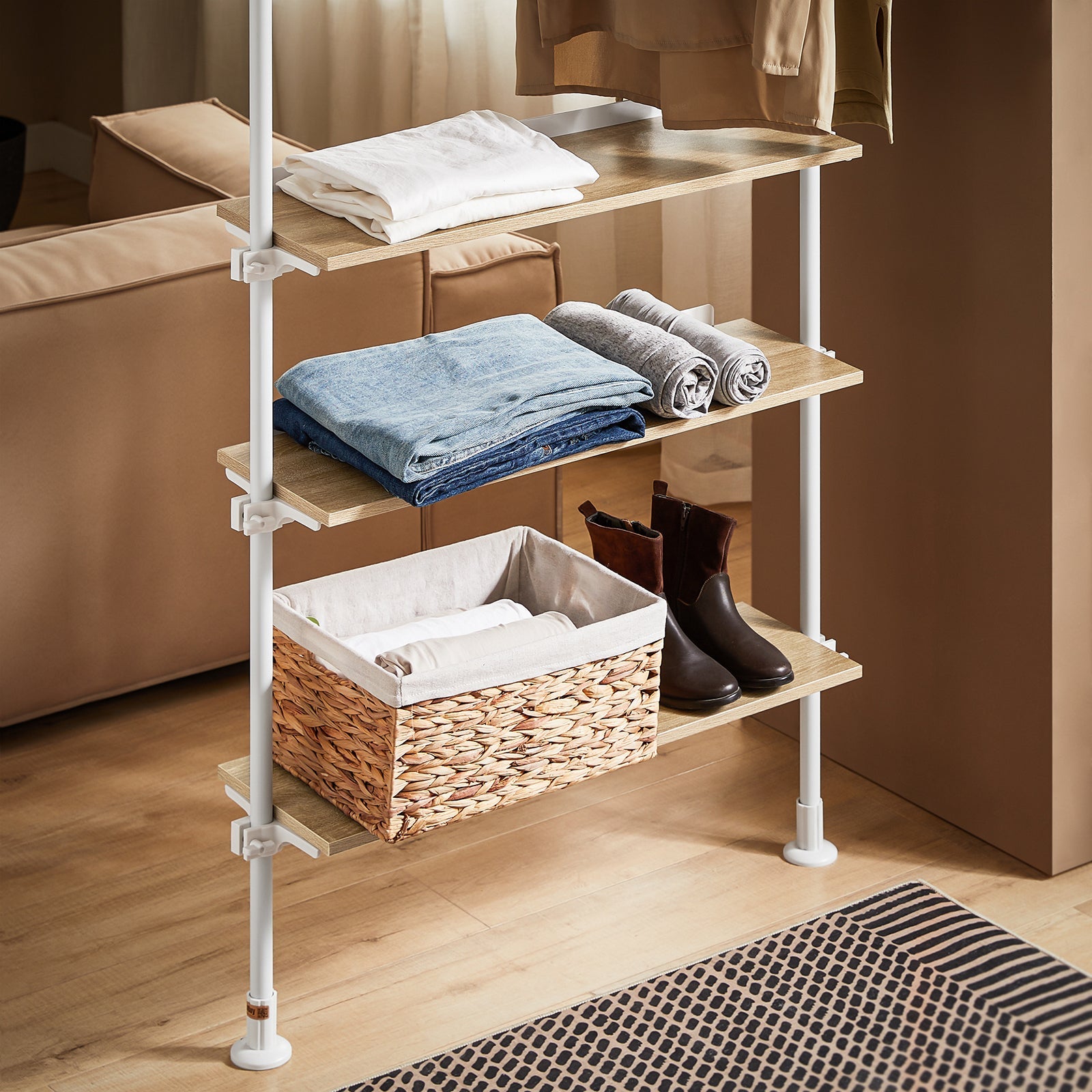 Cabina Armadio componibile da angolare Organizzazione Guardaroba con 1 asta appendiabiti e 3 ripiani L97xP24xA(193-262) cm Bianco-Naturale KLS14-WN