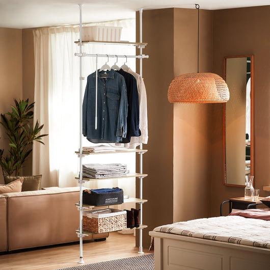 Cabina Armadio componibile da angolare Organizzazione Guardaroba con 1 asta appendiabiti e 5 ripiani L97xP24xA(193-262) cm Bianco-Naturale KLS15-WN