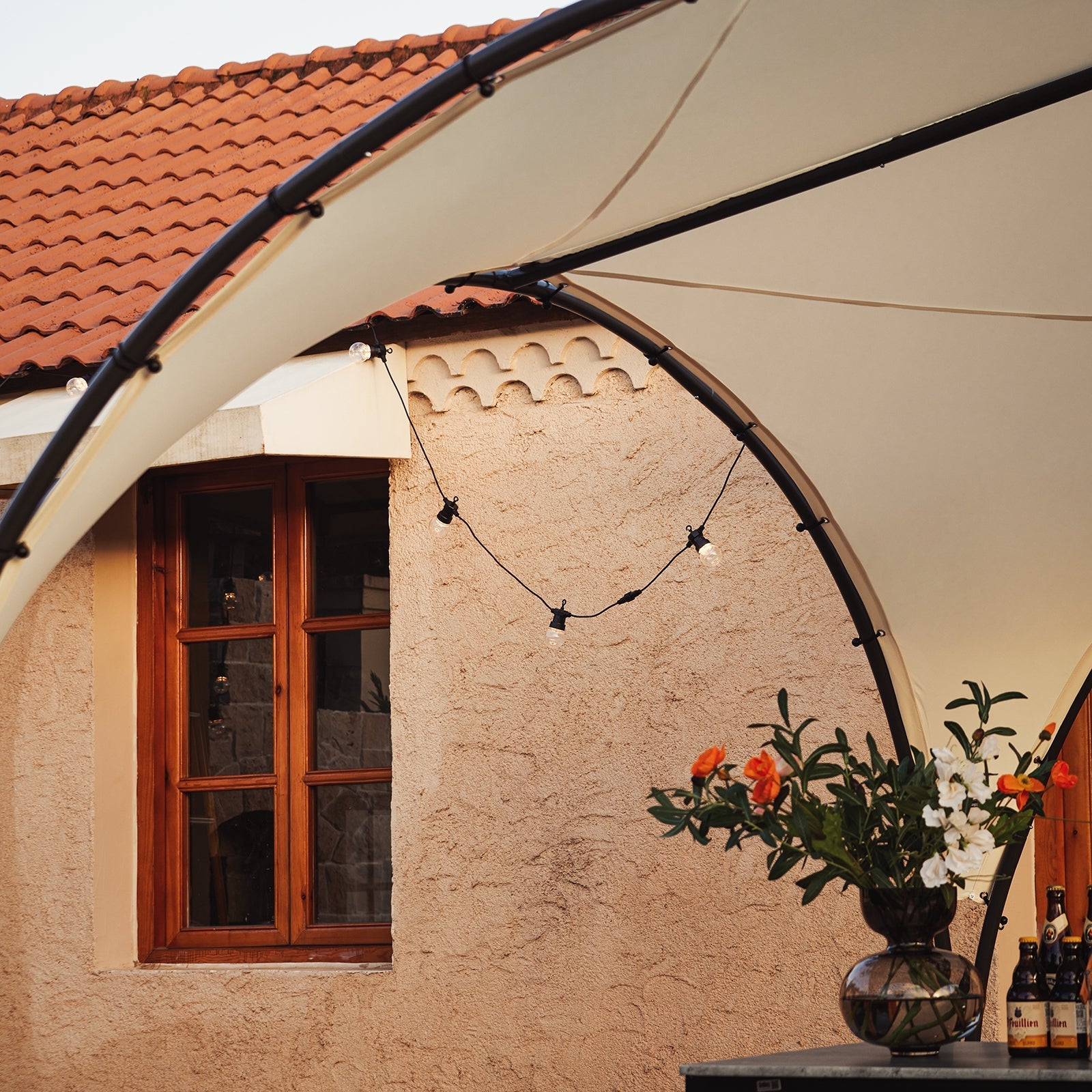 Gazebo pieghevole da campeggio, UV30, per feste, festival, invernale, stabile, beige, larghezza ca. 334 x 256 x 334 cm, KLS16-MI