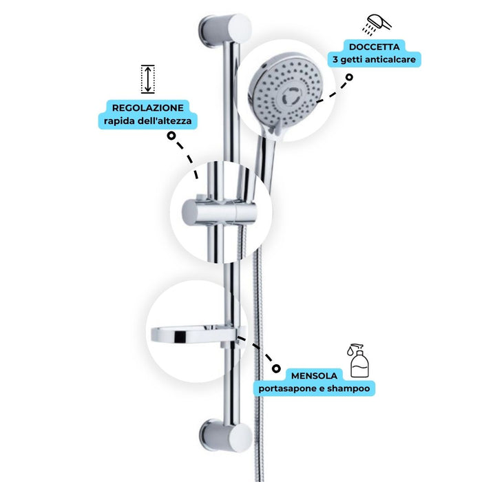 Asta doccia saliscendi 006 completo doccetta 3 funzioni multigetto h 65 cm *** pezzi 1