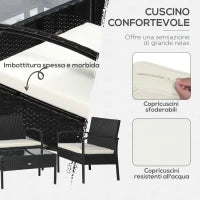 Set da Giardino 4 Pezzi in Rattan PE con Tavolino da Giardino, 2 Poltroncine e Divano 2 posti, Nero e Crema