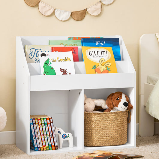 SoBuy KMB01-II-W Libreria Montessori per Bambini Scaffale Portagiochi 3 Ripiani+2 Contenitori Aperti Armadietto Cameretta Bianco Sicuro Libreria Giocattoli per Bambini in Legno Bianco 68x30x68 cm