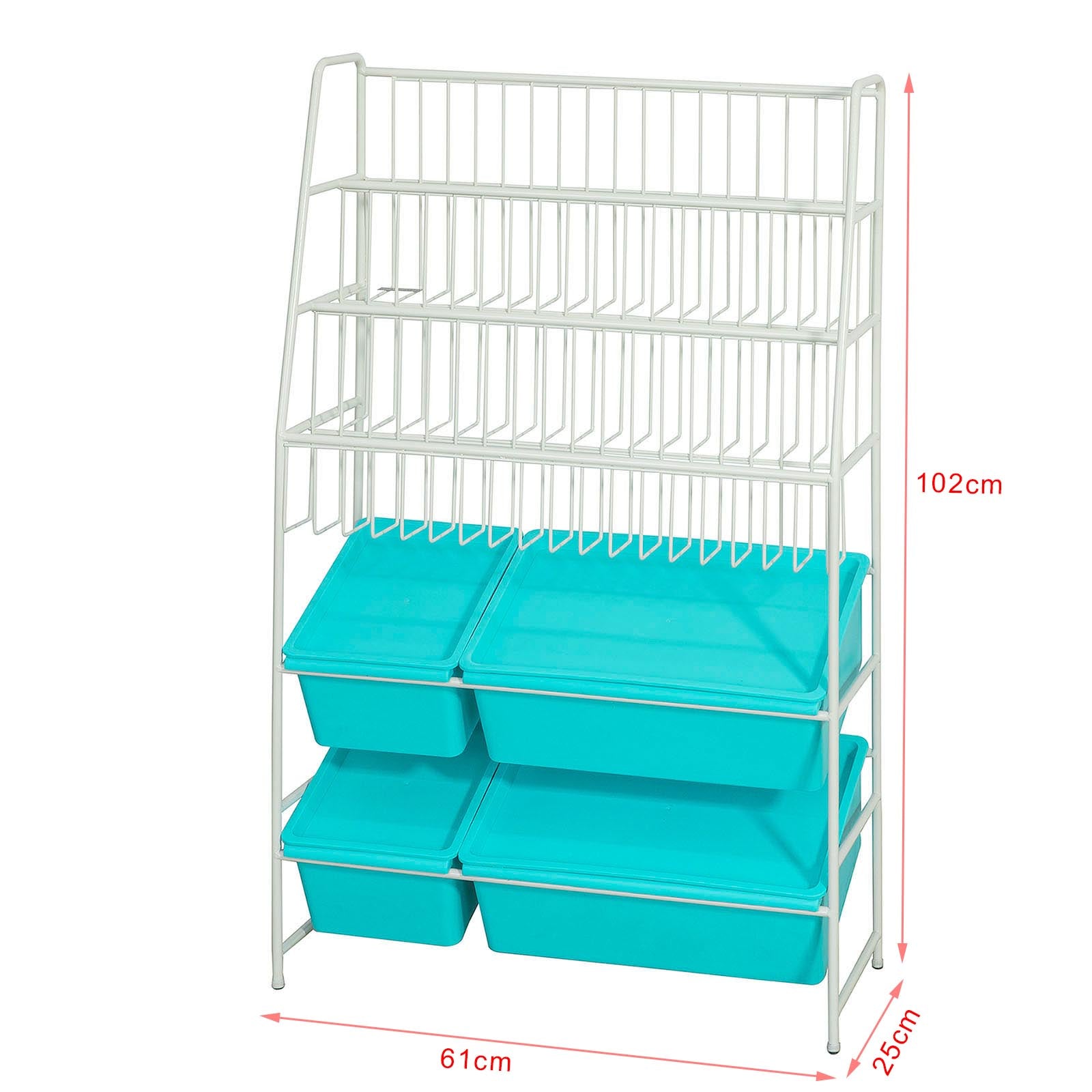 Scaffale bianco portagiochi Libreria bambini 4 scatole in blu con coperchio KMB07-B