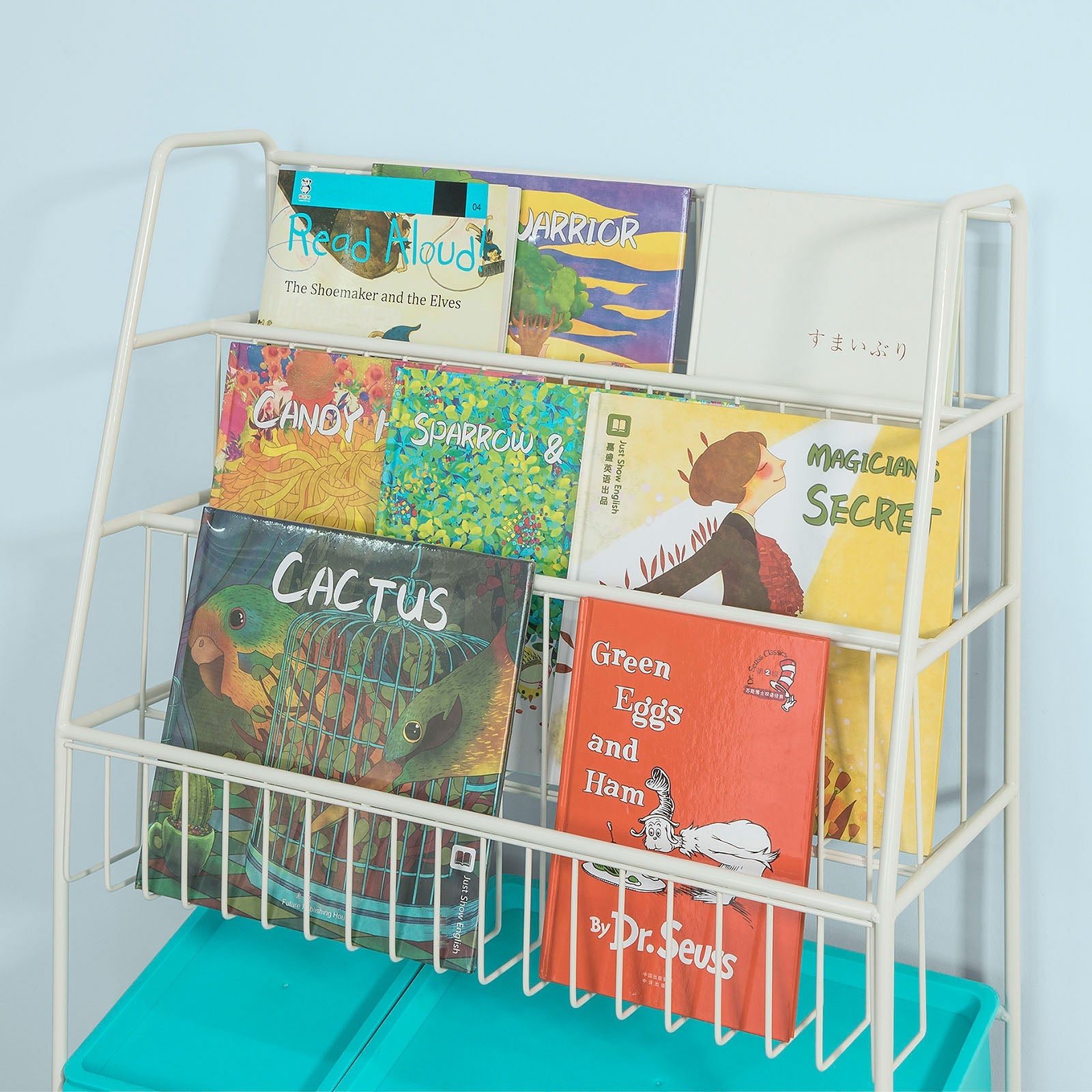 Scaffale bianco portagiochi Libreria bambini 4 scatole in blu con coperchio KMB07-B