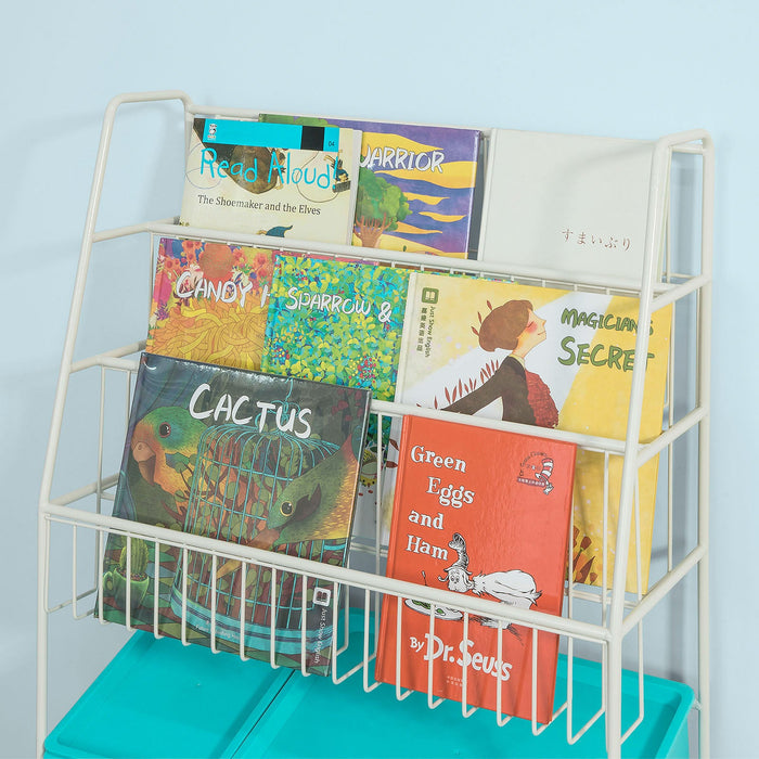 Scaffale bianco portagiochi Libreria bambini 4 scatole in blu con coperchio KMB07-B