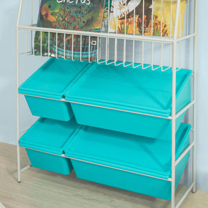 Scaffale bianco portagiochi Libreria bambini 4 scatole in blu con coperchio KMB07-B