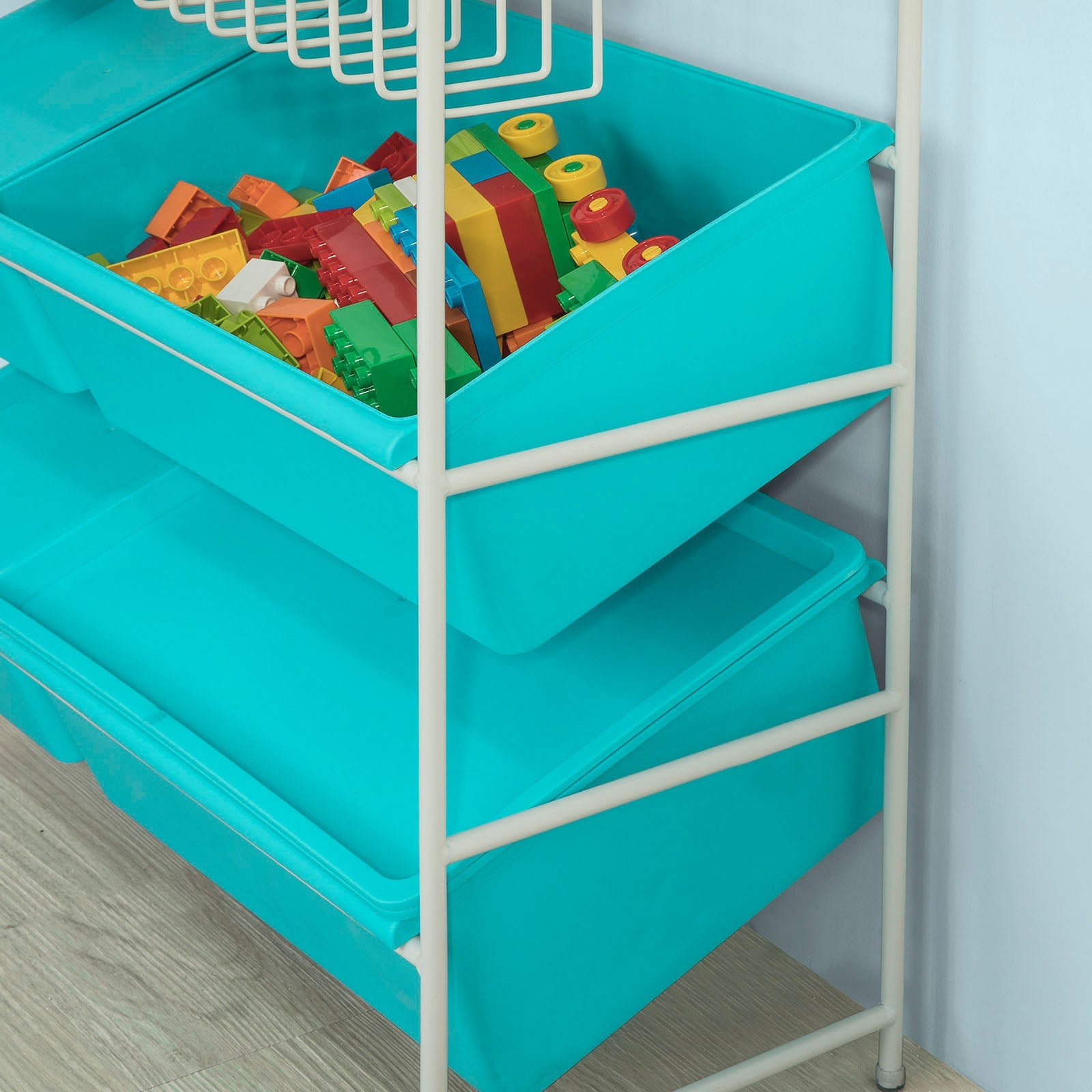 Scaffale bianco portagiochi Libreria bambini 4 scatole in blu con coperchio KMB07-B