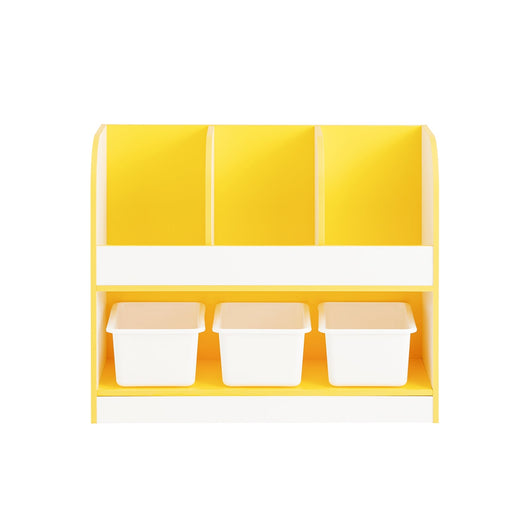 SoBuy Libreria montessoriana per bambini Scaffale portagiochi con 3 cestini di plastica Portariviste Bianco-Giallo 70x30x58cm KMB107-G