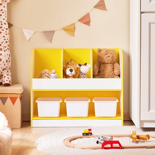 SoBuy Libreria montessoriana per bambini Scaffale portagiochi con 3 cestini di plastica Portariviste Bianco-Giallo 70x30x58cm KMB107-G