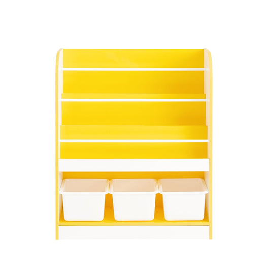 SoBuy Libreria montessoriana per bambini Scaffale portagiochi con 3 cestini di plastica Portariviste Bianco-Giallo 63x30x76cm KMB108-G