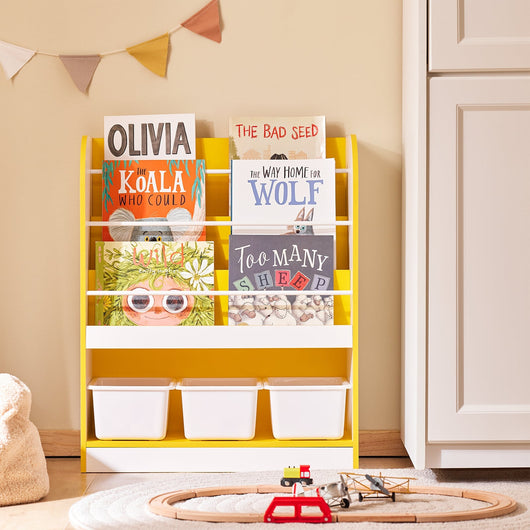 SoBuy Libreria montessoriana per bambini Scaffale portagiochi con 3 cestini di plastica Portariviste Bianco-Giallo 63x30x76cm KMB108-G
