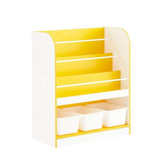 SoBuy Libreria montessoriana per bambini Scaffale portagiochi con 3 cestini di plastica Portariviste Bianco-Giallo 63x30x76cm KMB108-G