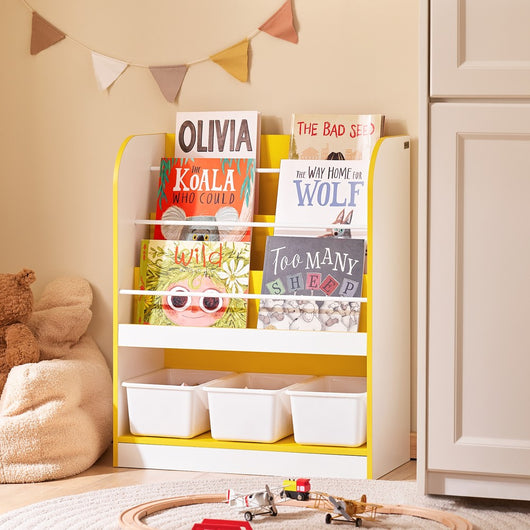 SoBuy Libreria montessoriana per bambini Scaffale portagiochi con 3 cestini di plastica Portariviste Bianco-Giallo 63x30x76cm KMB108-G