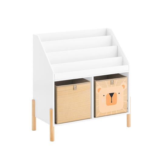 SoBuy Libreria Montessoriana per Bambini con 2 Contenitori Scaffale Portagiochi e Portariviste per Cameretta, Libreria Bambini in Legno Bianco 65x30x70cm KMB115-W