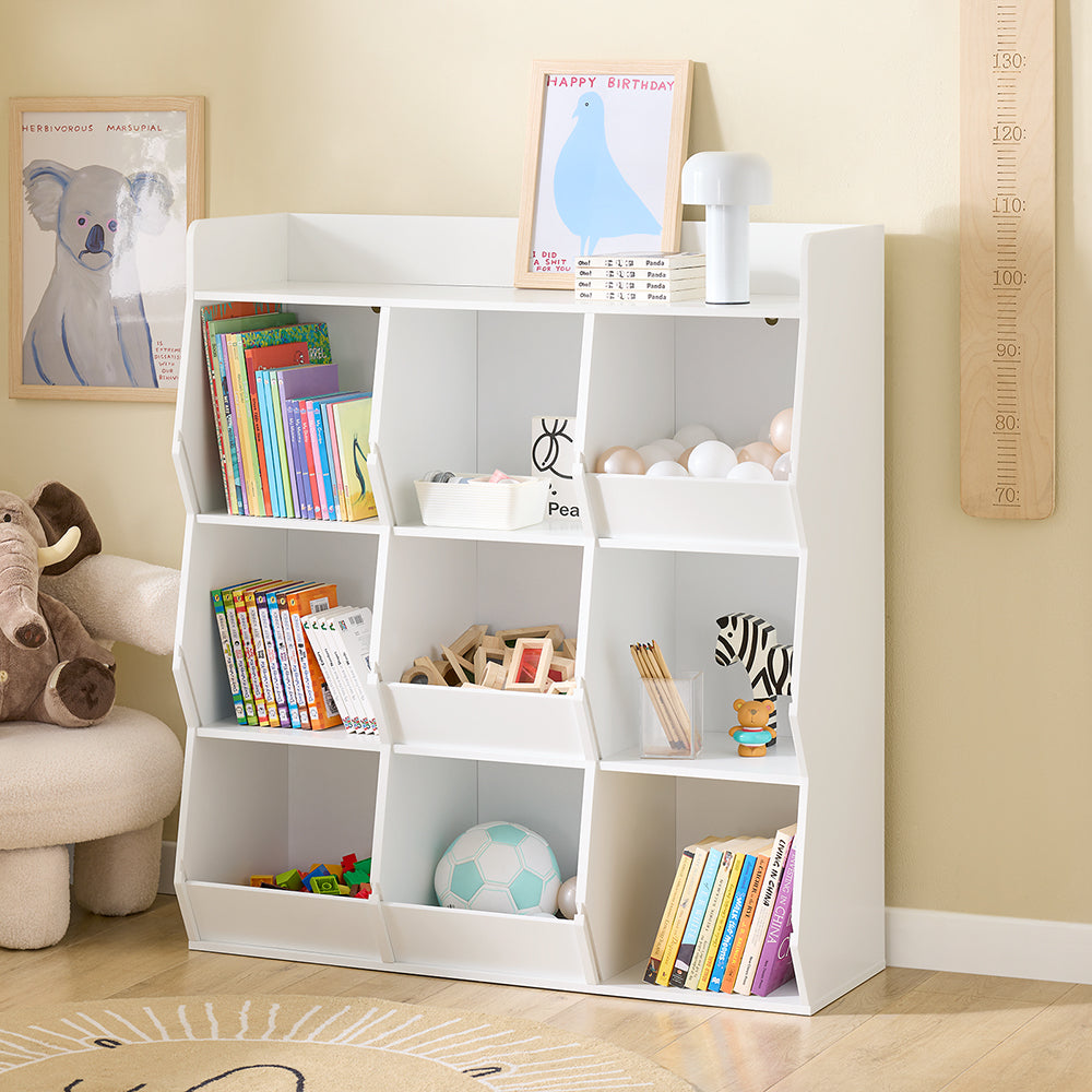 SoBuy Libreria Montessoriana per Bambini Scaffale Portagiochi con 9 Scomparti Aperti Libreria da Terra per Cameretta 95x34x105 cm Bianco KMB120-W