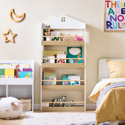 SoBuy Libreria Montessoriana per Bambini Porta Libri Bambini a 4 Ripiani Libreria Verticale Portagiochi Cameretta Bambina Bianco e Naturale 60x15x130.5 cm KMB121-WN