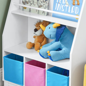 Libreria per bambini con vani portaoggetti e 3 scatole Scaffale per giocattoli Scaffale per bambini Organizzatore di giocattoli 63x28x80 cm BLU KMB34-F