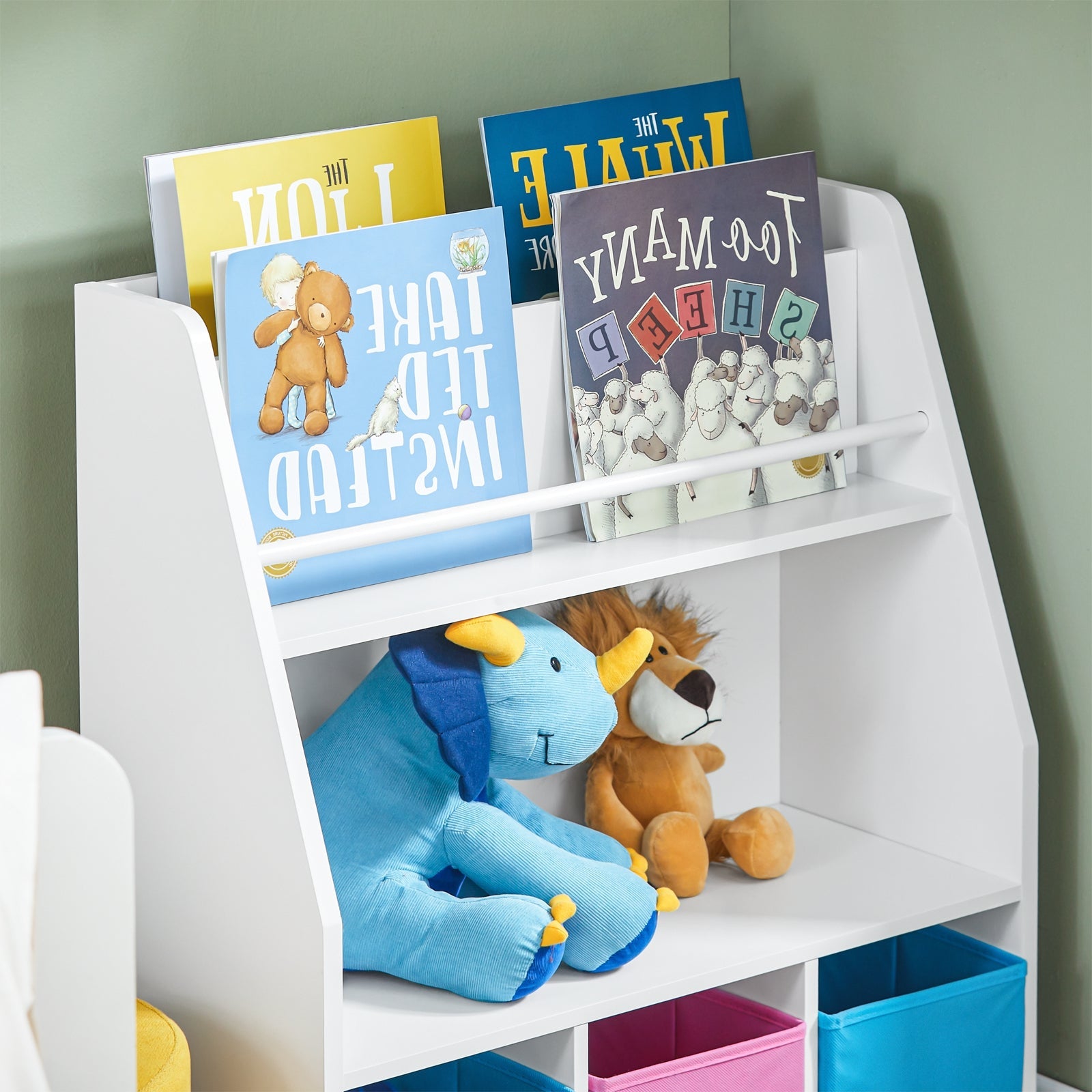 Libreria per bambini con vani portaoggetti e 3 scatole Scaffale per giocattoli Scaffale per bambini Organizzatore di giocattoli 63x28x80 cm BLU KMB34-F