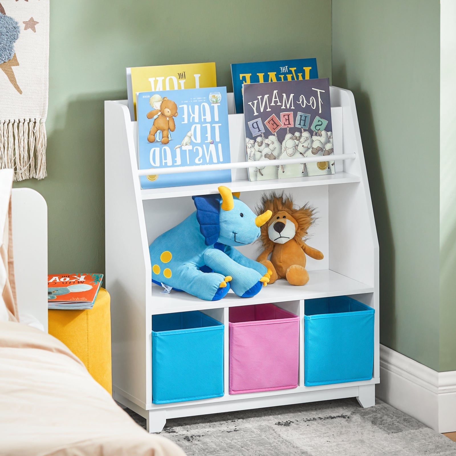 Libreria per bambini con vani portaoggetti e 3 scatole Scaffale per giocattoli Scaffale per bambini Organizzatore di giocattoli 63x28x80 cm BLU KMB34-F