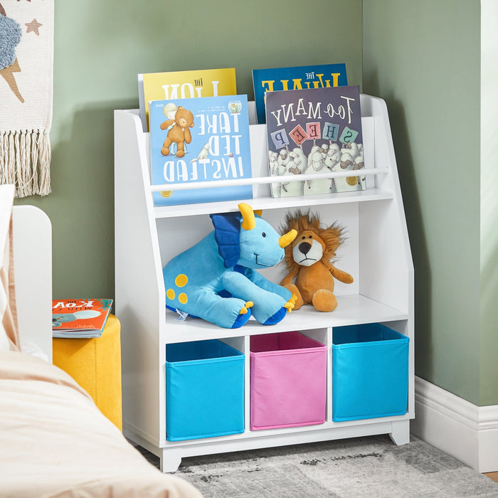 Libreria per bambini con vani portaoggetti e 3 scatole Scaffale per giocattoli Scaffale per bambini Organizzatore di giocattoli 63x28x80 cm BLU KMB34-F