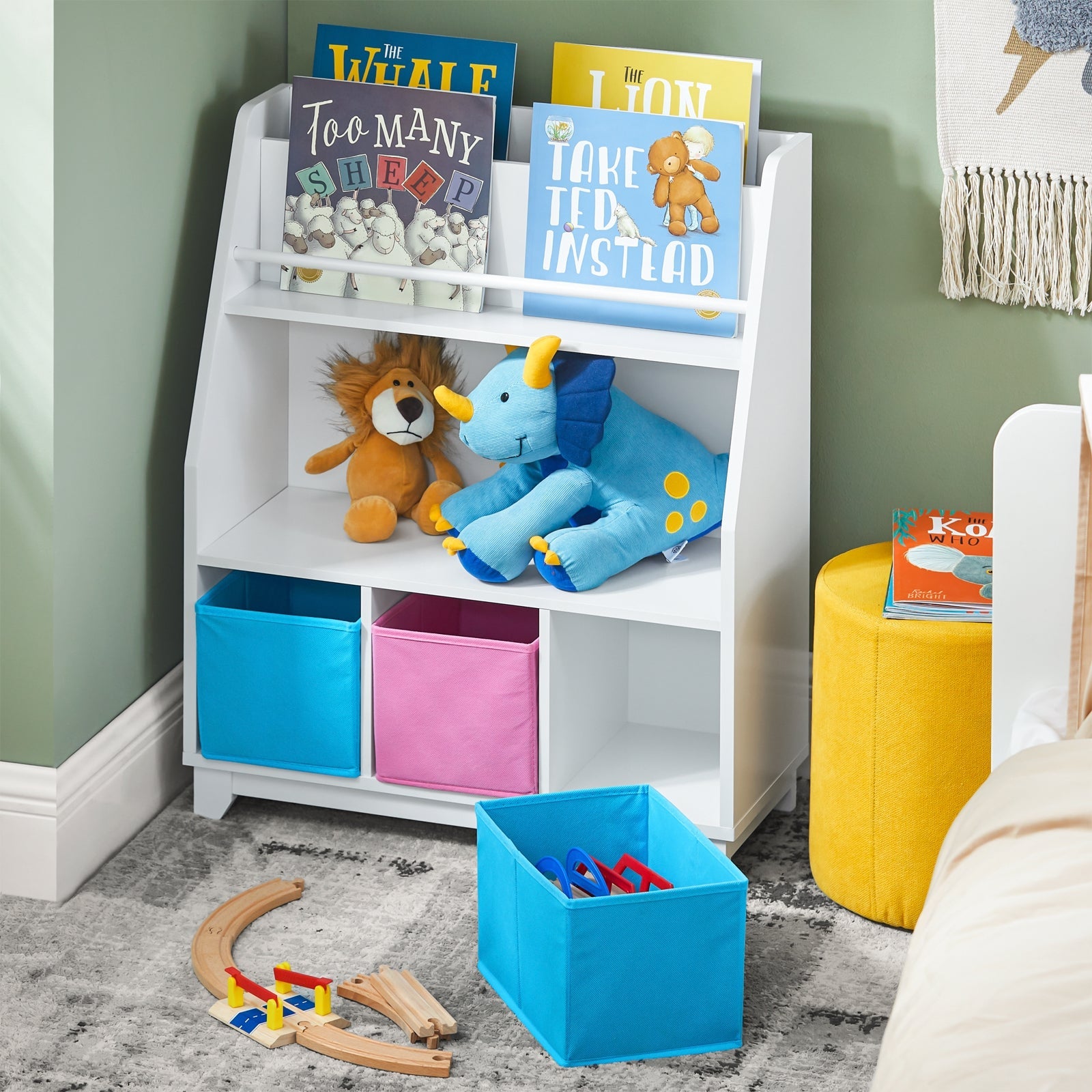 Libreria per bambini con vani portaoggetti e 3 scatole Scaffale per giocattoli Scaffale per bambini Organizzatore di giocattoli 63x28x80 cm BLU KMB34-F