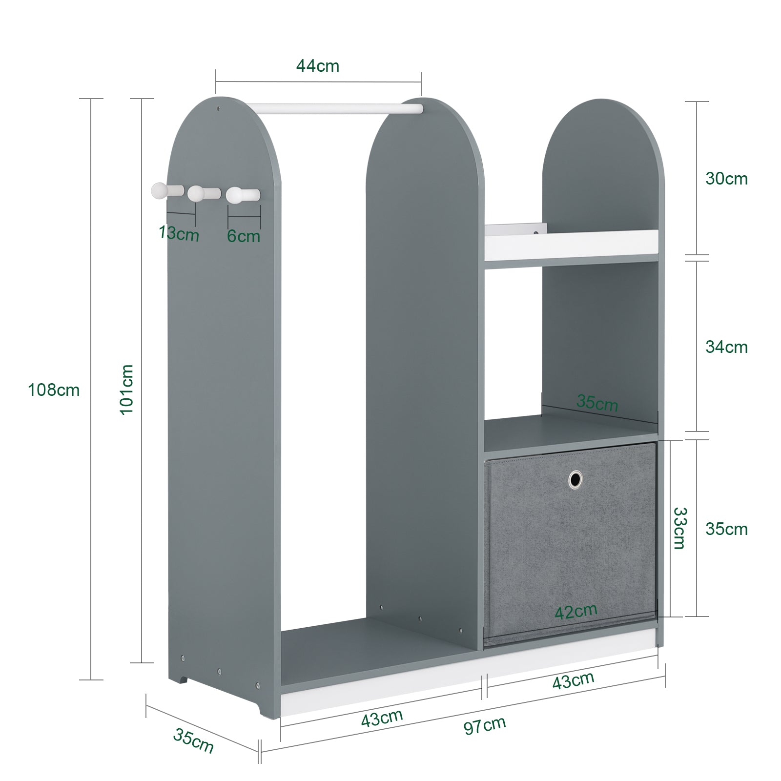 SoBuy Mobile per Bambini con Appendiabiti, Guardaroba per Bambini con scatole, Armadio per bambini con 3 ganci, Grigio 97x35x108cm KMB40-HG