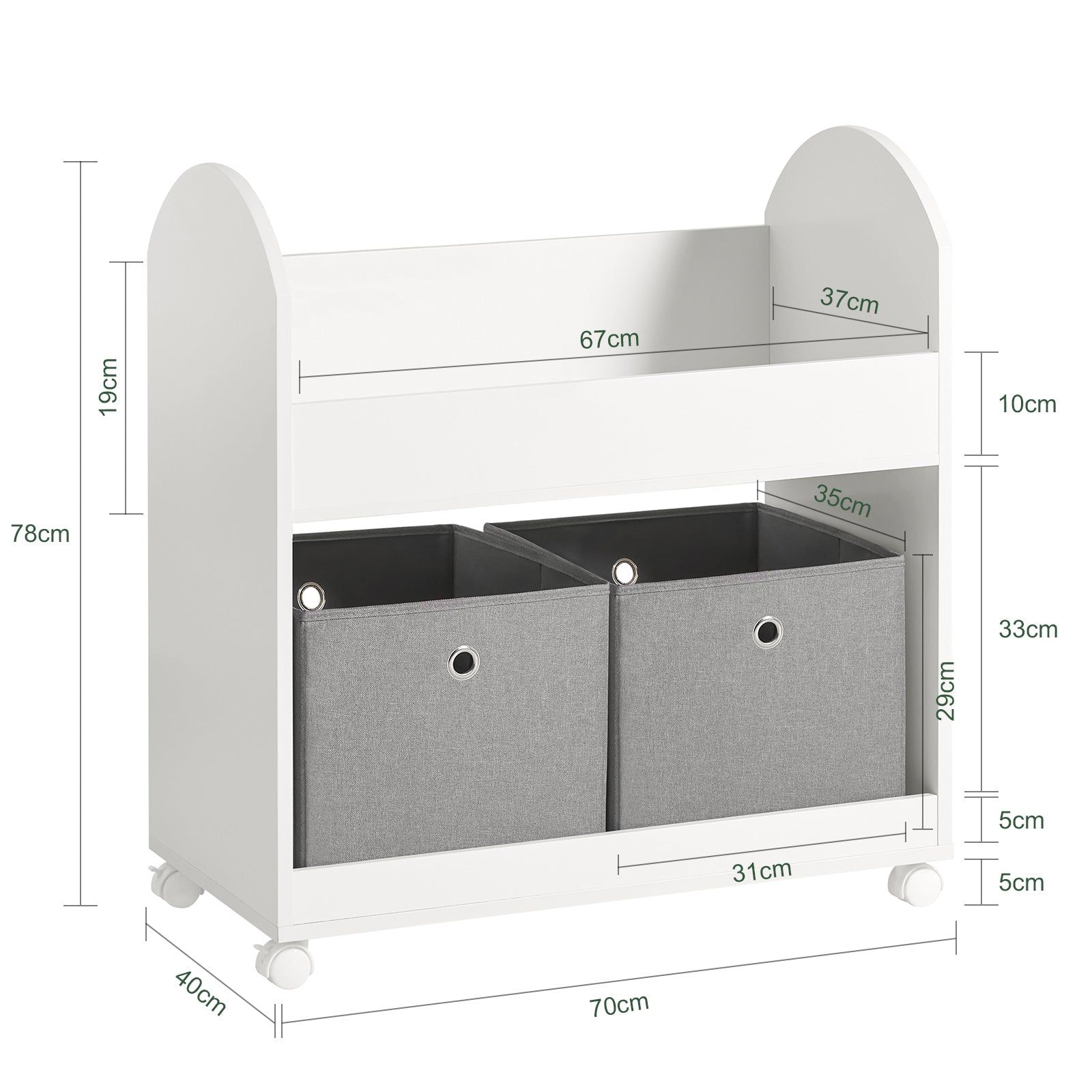 SoBuy Scaffale per bambini con 2 scatole in tessuto, librerie per bambini, Scaffale per giocattoli con ruote, 70x40x78cm KMB53-W
