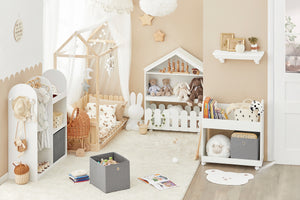 SoBuy Scaffale per bambini con 2 scatole in tessuto, librerie per bambini, Scaffale per giocattoli con ruote, 70x40x78cm KMB53-W