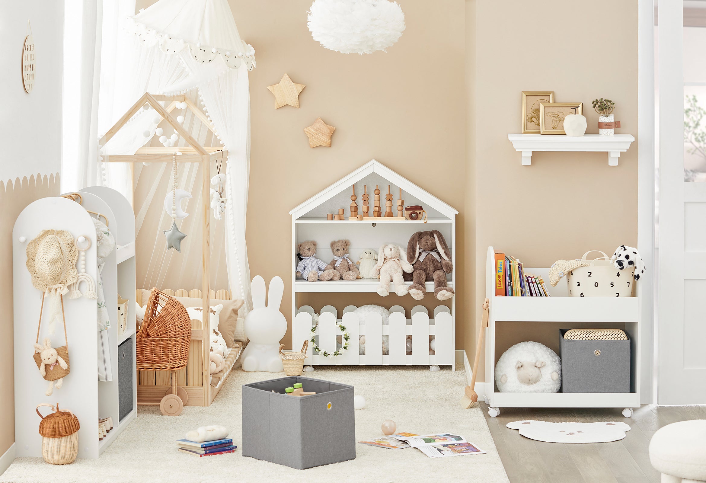 SoBuy Scaffale per bambini con 2 scatole in tessuto, librerie per bambini, Scaffale per giocattoli con ruote, 70x40x78cm KMB53-W