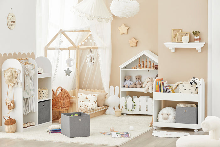 SoBuy Scaffale per bambini con 2 scatole in tessuto, librerie per bambini, Scaffale per giocattoli con ruote, 70x40x78cm KMB53-W