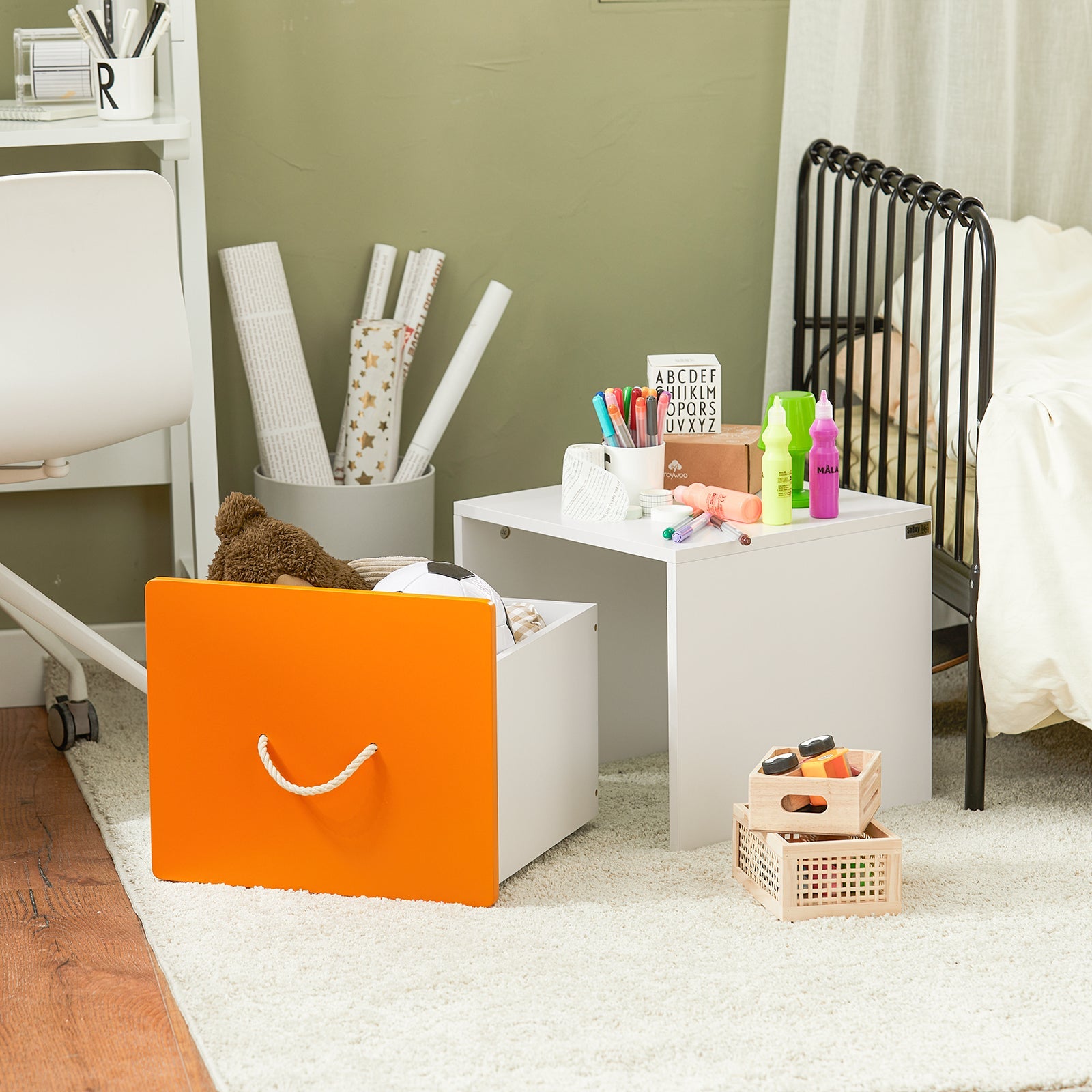 Scatola Porta Giochi Bambini Contenitore Giocattolo Per Bambini Ceste Portaoggetti Bianco E Arancione 40x40x35cm KMB74-W SoBuy