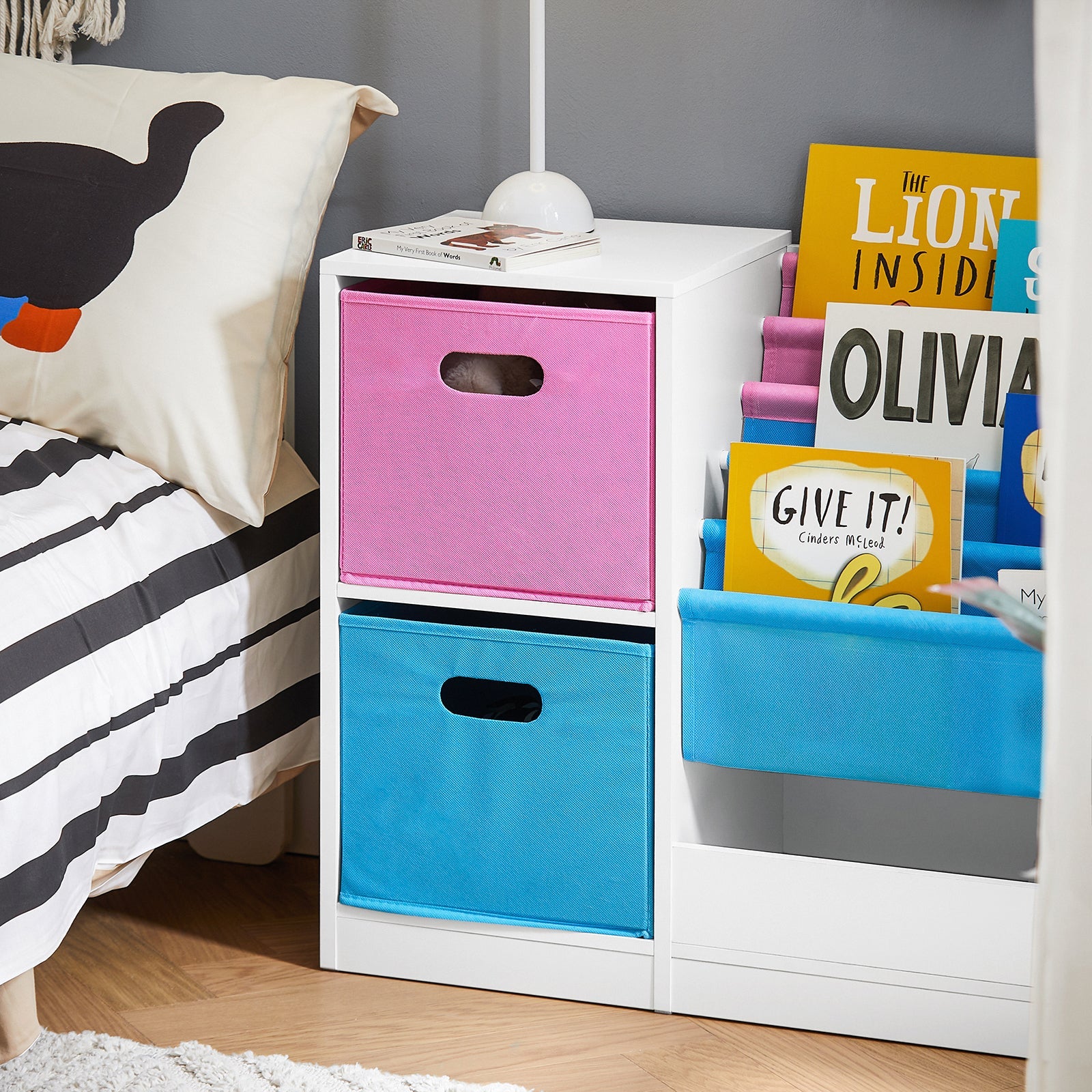 Libreria per bambini Scaffale per bambini con scatole Scaffale per giocattoli Mobili per camerette Bianco 80x30x61cm KMB76-F